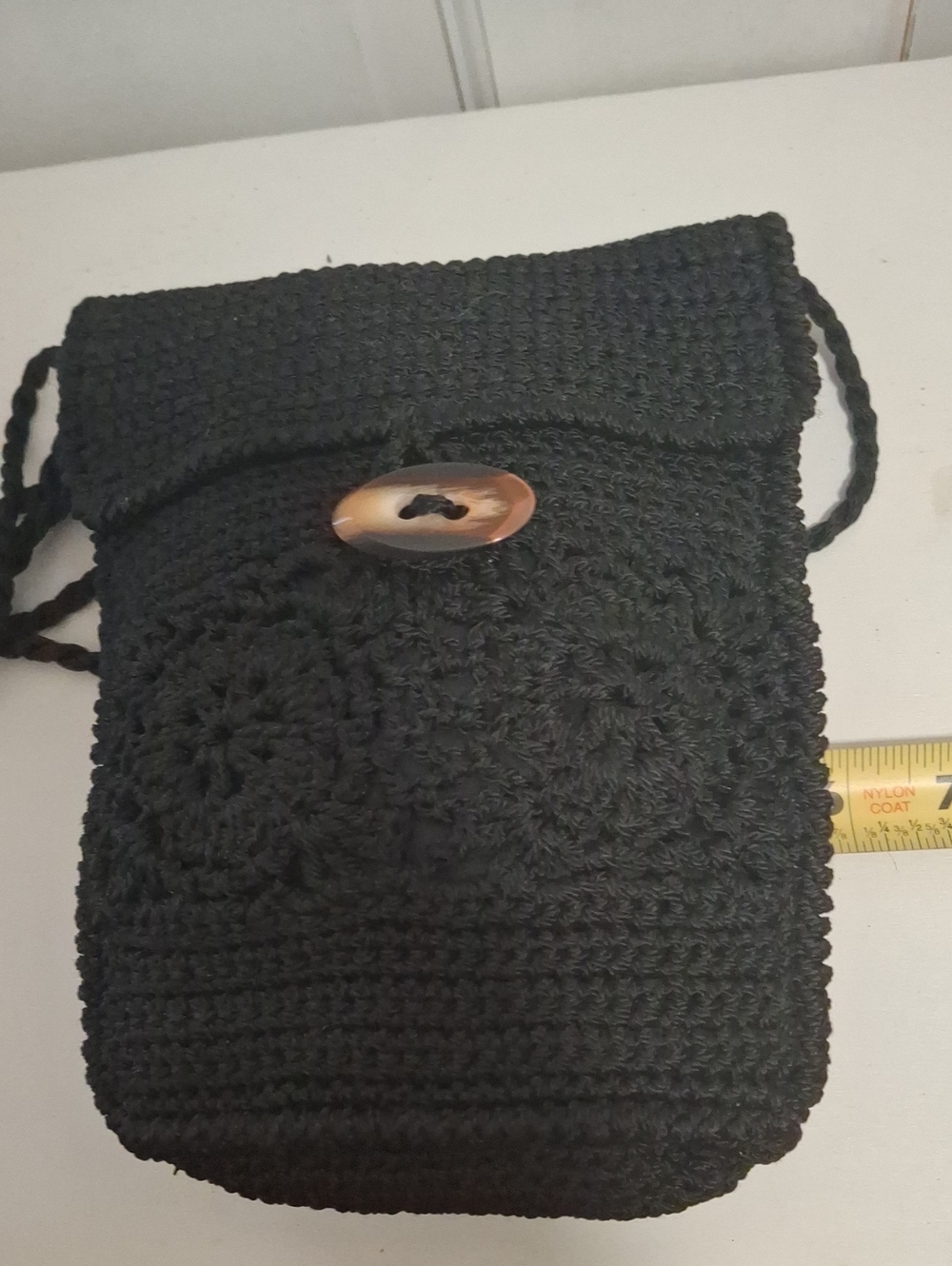 Handmade Black Crochet Crossbody Bag with Button Closure - Vinrage